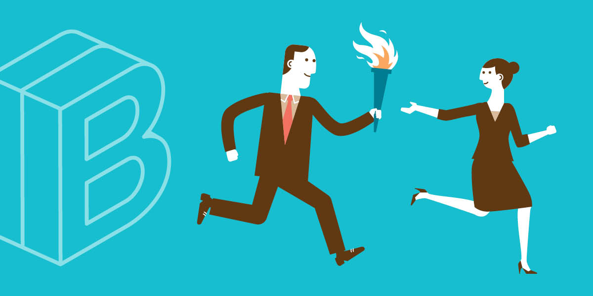 Banner image: Drawing of two people in business attire running, one passing a torch to the other