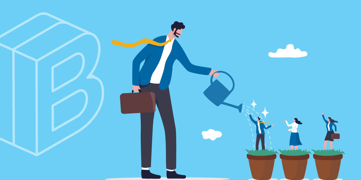 Illustration of a man in a suit and tie watering flower pots. Inside the pots are not flowers but people in business attire as well.
