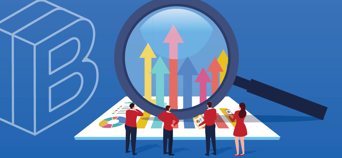 Banner image of clip art people looking at a chart through a magnifying glass