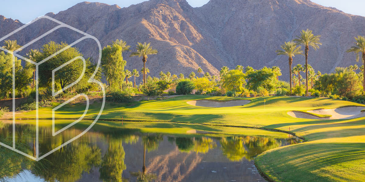 Banner: Gold course with a pond and mountains