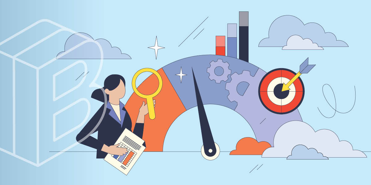 Banner: Drawing of a person holding a graph and a magnifying graph next to a meter, gears, target, and another graph