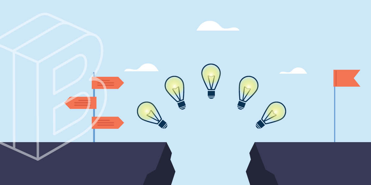 An illustrated gap in the road with an arc of lightbulbs above it.