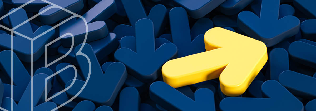 Banner image of a yellow arrow pointing forward amidst a background of dark blue arrows pointing in other directions