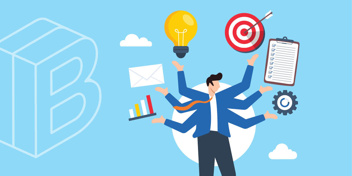 Header Image: A person in a suit with six arms holding six different business-related icons