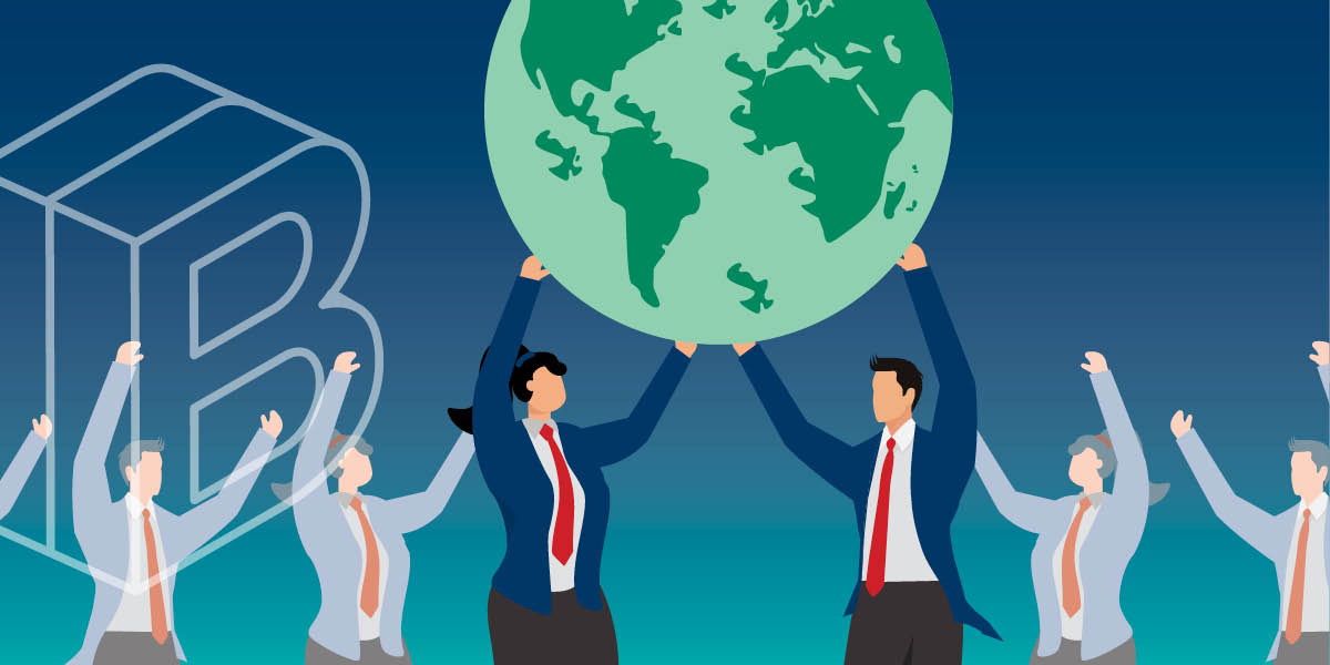 Graphic of people in suits holding up the world