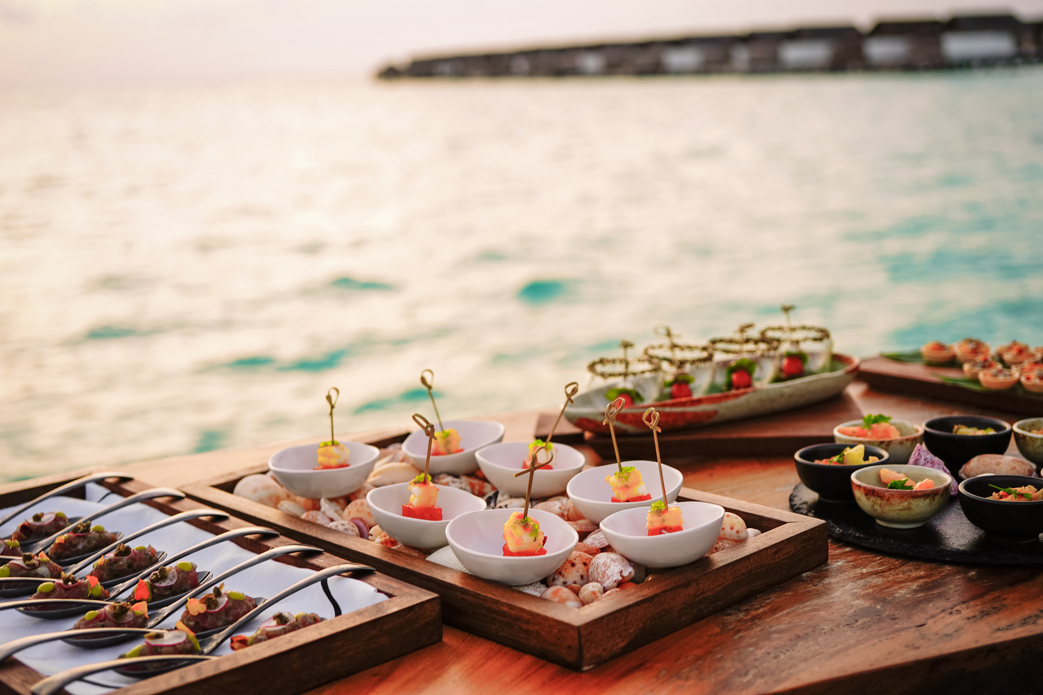 Photo of an array of delicious hors d'oeuvres with a background of sea behind them
