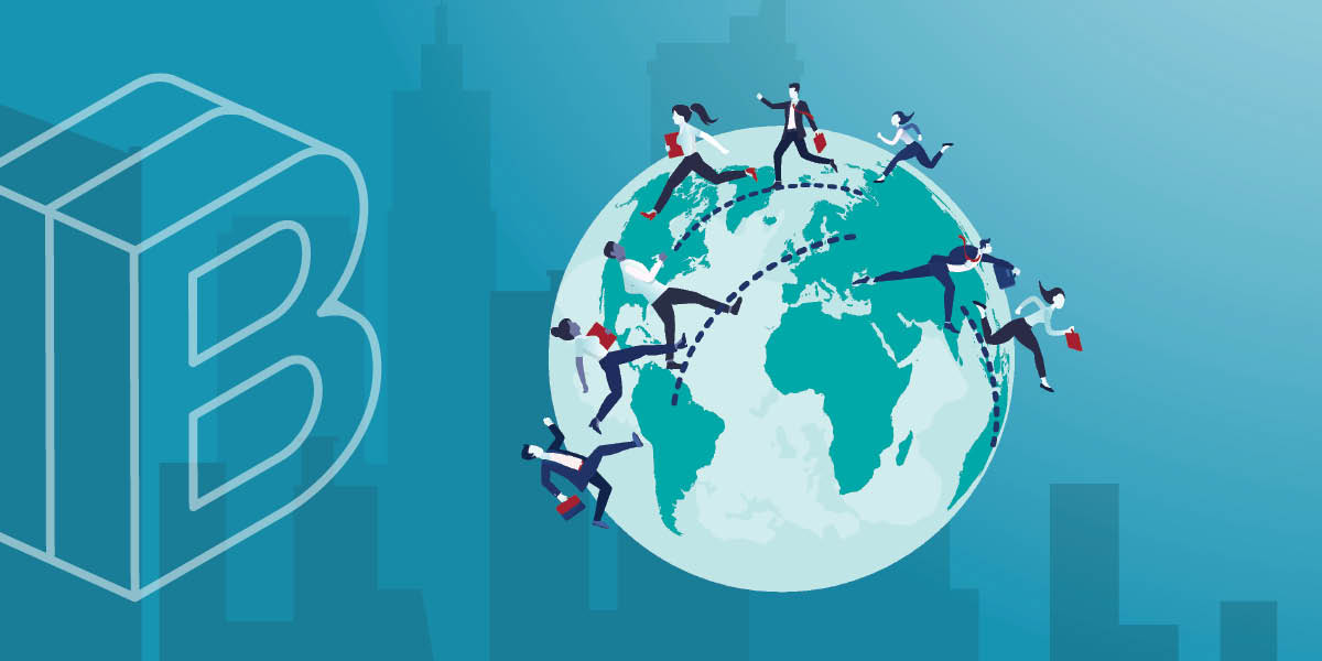 Image of the globe with people in suits running all around it
