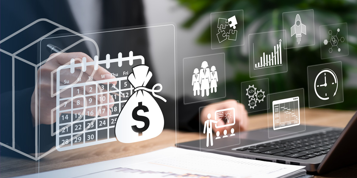 Banner image: someone working at a computer overlayed with clipart of calendars, money symbols, and charts