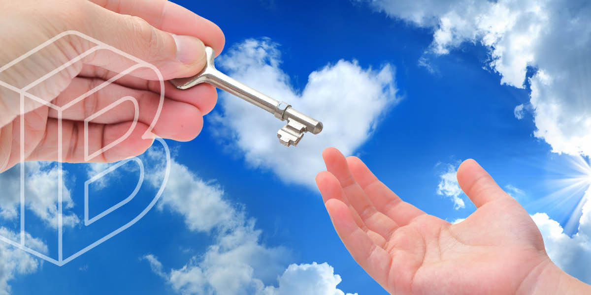 Banner: One hand giving a key to another hand