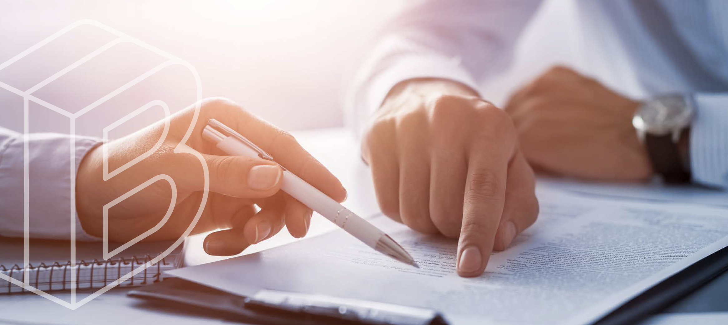 Banner image of two people pointing to a spot in a document