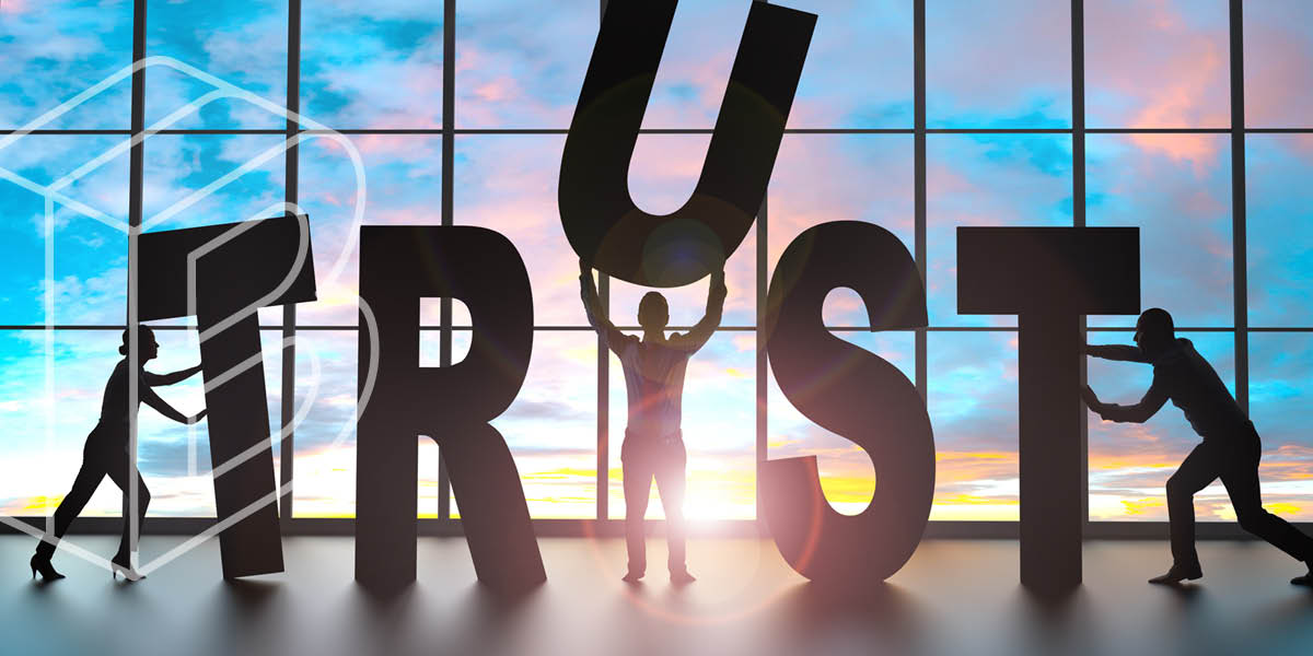 Banner: Silhouettes of people assembling the letters TRUST together in front of a large window