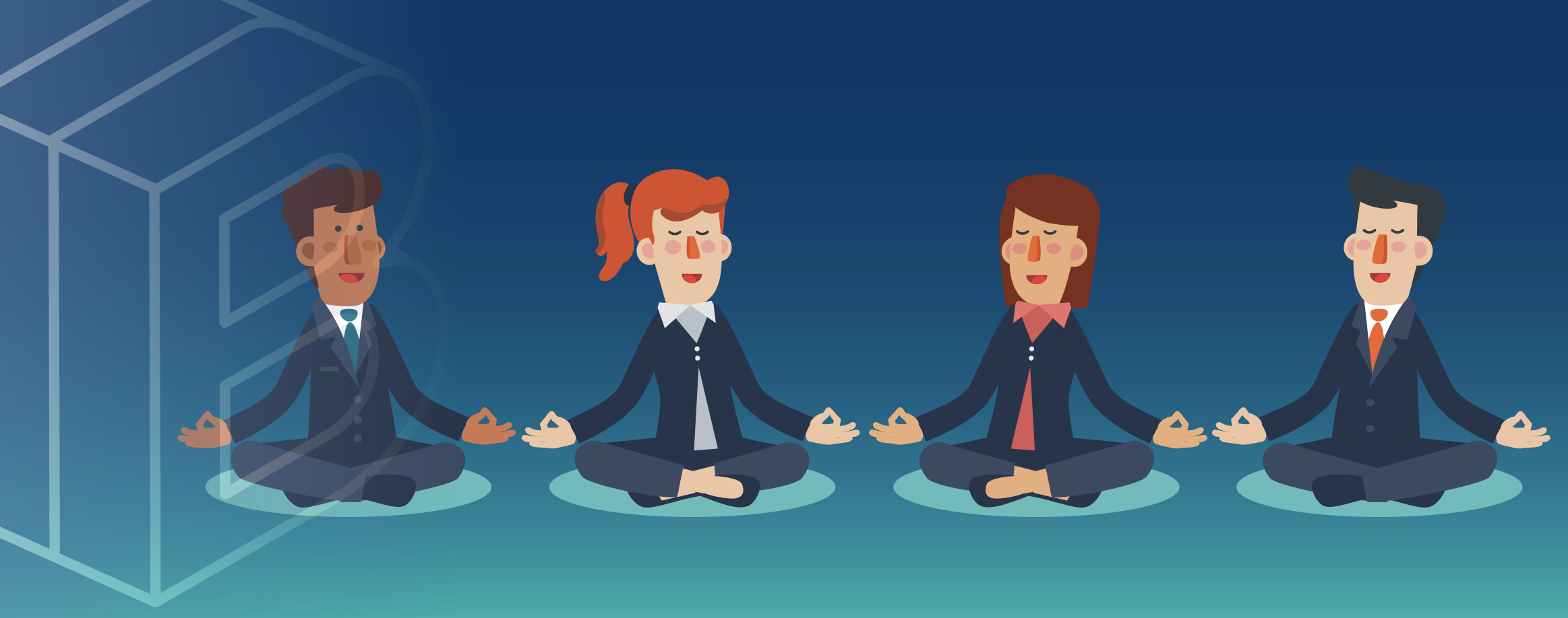Banner image of four cartoon figures in suits sitting in yoga poses