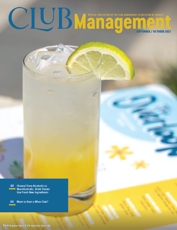 Club Management Magazine September/October 2023 issue cover featuring a fancy drink with a lime wedge in it