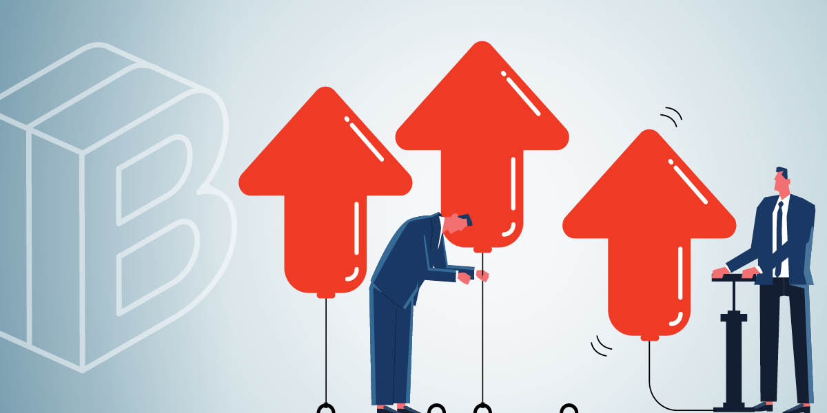 Banner: Two cartoon people blowing up balloons of arrows pointing upward