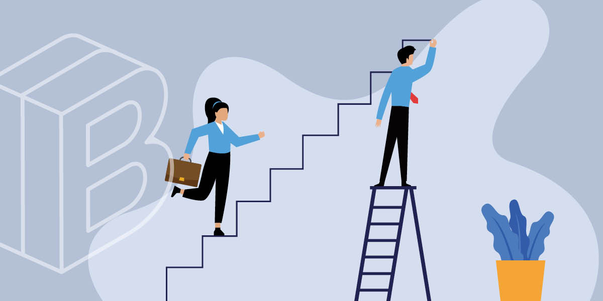Image of someone standing on a ladder, drawing stairs and another person walking up those stairs